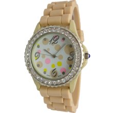 Ladies Cream Silicon Watch w/ Multi Polka Dot Print & Crystals Silver Bezel - Silver - Silver - 3