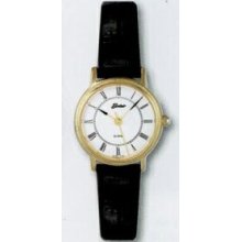 Ladies Quartzline 3 Atm Watch W/ Leather Strap/ Roman Numeral & Gold Bezel