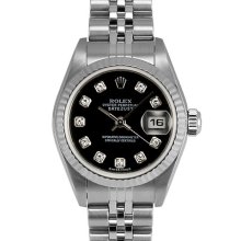 Ladies Rolex Datejust Factory Black Diamond Dial Fluted Bezel Jubilee Band 79174