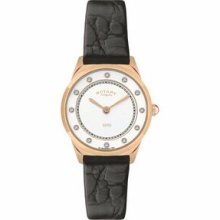 Ladies Rotary Slim Design Watch W/ Genuine Leather Strap & Crystals