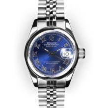 Ladies Stainless Steel Blue Roman Dial Smooth Bezel Rolex Datejust