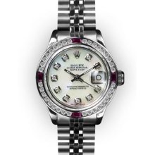 Ladies Stainless Steel MoP Dial Ruby Channel Set Bezel Rolex Datejust