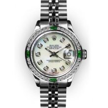 Ladies Stainless Steel MoP Dial Emerald Channel Set Rolex Datejust