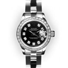 Ladies Stainless Steel Oyster Black Dial Beadset Bezel Rolex Datejust