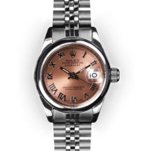Ladies Stainless Steel Pink Roman Dial Smooth Bezel Rolex Datejust
