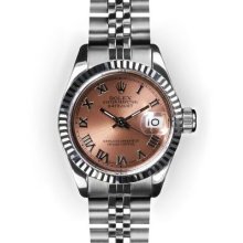 Ladies Stainless Steel Pink Roman Dial Fluted Bezel Rolex Datejust