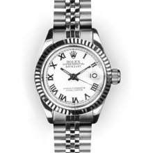 Ladies Stainless Steel White Roman Dial Fluted Bezel Rolex Datejust