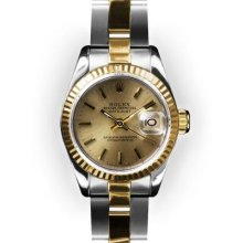 Ladies Two Tone Champagne Stick Dial Fluted Bezel Rolex Datejust