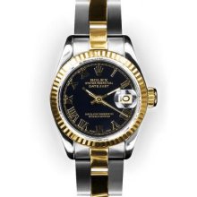 Ladies Two Tone Oyster Black Roman Dial Fluted Bezel Rolex Datejust
