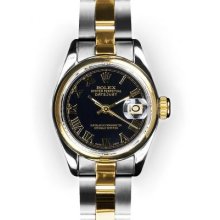 Ladies Two Tone Oyster Black Roman Dial Smooth Bezel Rolex Datejust
