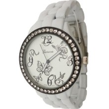 Ladies White Ceramic Like Watch w/ Black Metallic Bezel & Butterfly Design