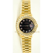 Ladys 18K Yellow Gold President Model 69178 Custom Added Black Diamond Dial & 2CT Diamond Bezel