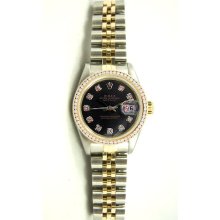 Ladys Stainless Steel & Gold Datejust Model 6917 Jubilee Band With A Custom Black Diamond Dial And Diamond Bezel