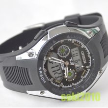 Led Day Date Alm Analog Digital Mens Quartz Wrist Black Rubber Watch S29