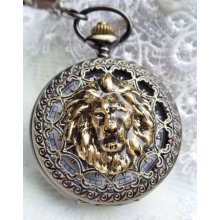 Lion head pocket watch, men's lion pocket watch with black glass beads on watch chain