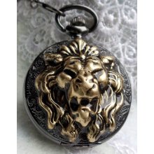 Lion pocket watch, Men's roaring lion pocket watch, lion is in bronze with gunmetal pocket watch