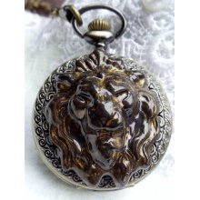 Lion pocket watch, Men's roaring lion pocket watch, lion is in bronze with bronze pocket watch