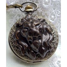 Lion pocket watch, Men's roaring lion pocket watch in dark bronze