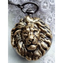 Lion pocket watch, on sale, lion pocket watch, lion is in bronze with gunmetal mechanical pocket watch
