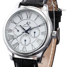 Luxury Day Date 24 Hours White Dial Automatic Mechanical Men Leather Wrist Watch