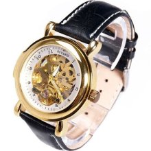 Luxury Mens 18k Golden Plated Case Arabic Numbers Mechanical Wrist Watch Ff