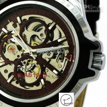 Luxury Men's Automatic Skeleton Glass Back Watches Sports Leather Wr