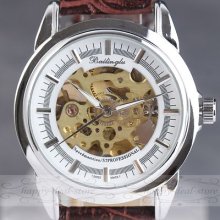 Luxury Skeleton Automatic Mechanical Men Wrist Watch Leather Band Clock 2554