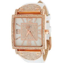 Melania Bryant Park Pave' Case Leather Strap Watch - White - One Size