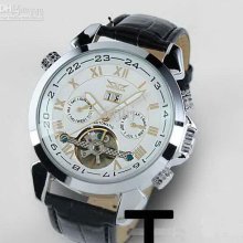 Men Leather Watch Silver Number Mechanical Dive Mens Date Automatic