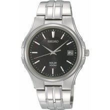 Men`s Seiko Solar Watch W/ Black Dial & Stainless Steel Bracelet