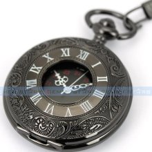 Men's Black Metallic Engraved Pocket Watch with Chain