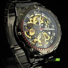 Men's Black S/steel Transparent Skeleton Automatic Mechanical Sports Watch