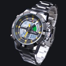 Mens Boys Stainless Steel Waterproof Yellow Dial Sport Stop Digital Watch Ff