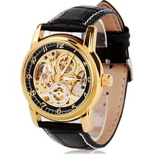 Men's Elegant PU Leather Analog Mechanical Wrist Watch (Black)