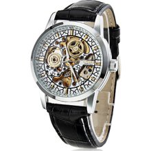 Men's Elegant PU Leather Mechanical Style Analog Wrist Watch (Black)