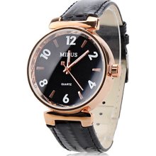 Men's Golden Case PU Quartz Analog Wrist Watch (Black)