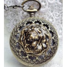 Men's Lion pocket watch, King of the Jungle pocket watch, with tiger eye beads on watch chain