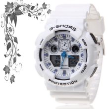 mens new G shors 692A white digital/analog watch silicone band backlight - White - Adjustable - Silver