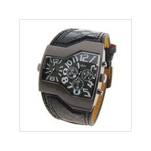 mens new Oulm 2 time zone quartz watch w/black w/wide PU leather band