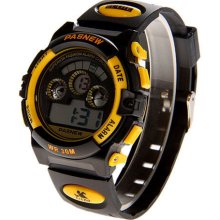 mens new Pasnew black & yellow digital watch silicone band w/ back light