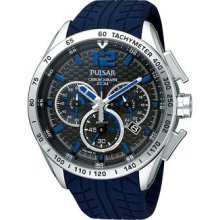 Mens Pulsar Black Stainless Steel Chronograph World Rally Watch
