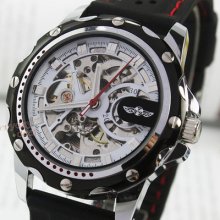 Mens Silver Steel Skeleton Mechanical Automatic Military Rubber Watch Gorgeous