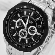 Men's Sport Stainless Steel Waterproof Wriste Quartz Watch Black Dial Luxury