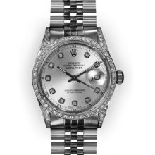Men's Stainless Steel and Diamond Lugs Silver Dial Rolex Datejust