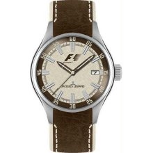 Men's Stainless Steel Formula One Cream Dial Brown Leather Strap Midsize