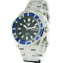 Men's Stainless Steel Seiko 5 Sports Automatic Black Dial Day Date Blue Bezel