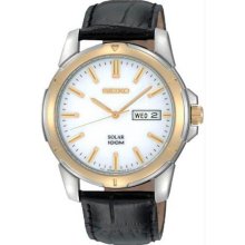 Men's Two Tone Solar Quartz White Dial Black Leather Strap