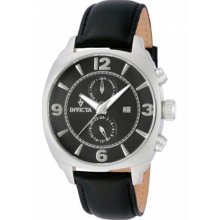 Men's Vintage Stainless Steel Case Leather Bracelet Black Dial Day Date and Mont