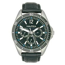 Nautica Men's Leather N12631G Black Crocodile Leather Quartz Watch with Black Dial
