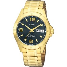 New Mens PULSAR by Seiko Analog Quartz Watch Gold-Stone Steel Expansion Bracelet